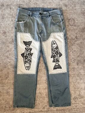 Upcycled Fish Block Print Double Knee Vintage Jeans